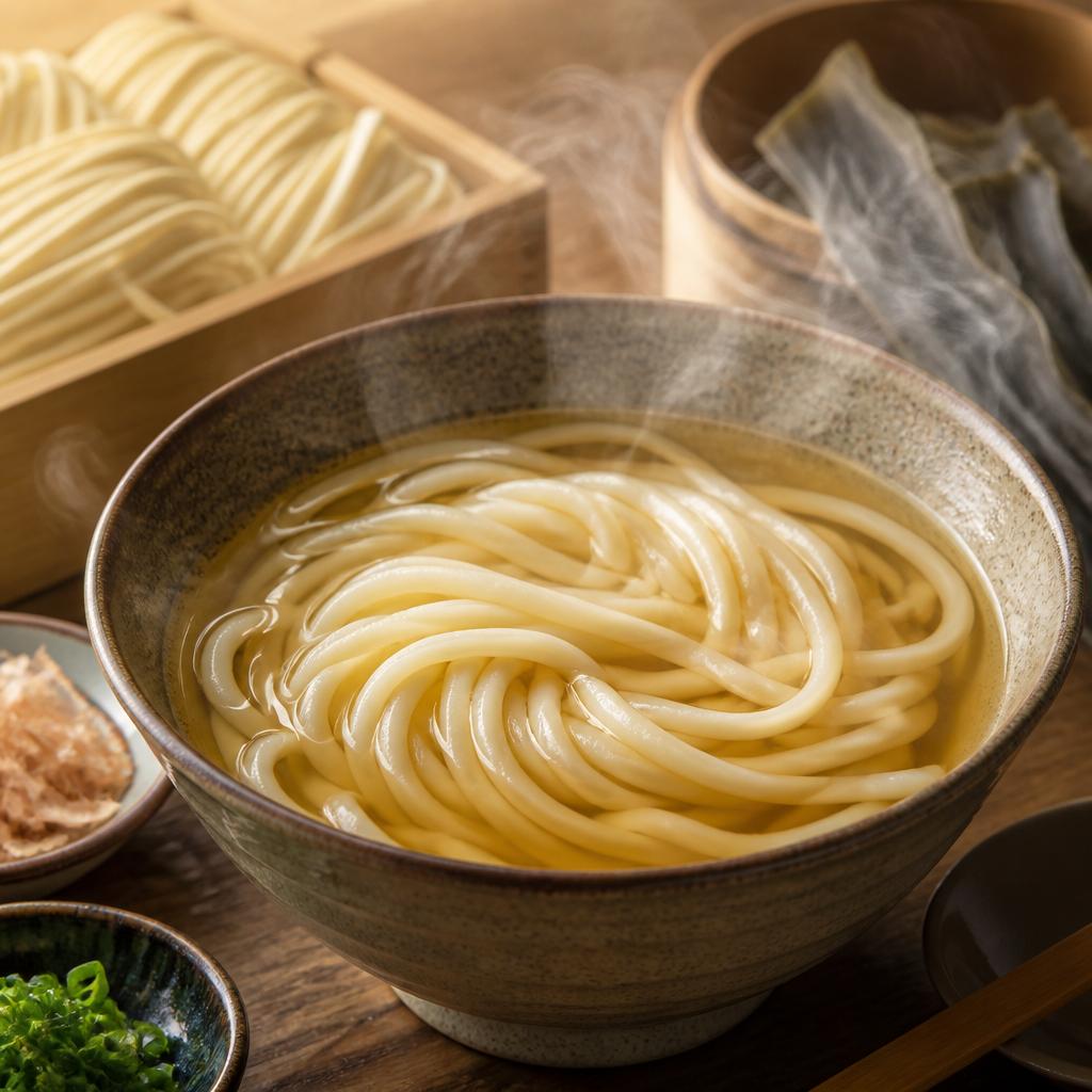 自慢の博多うどんを味わう