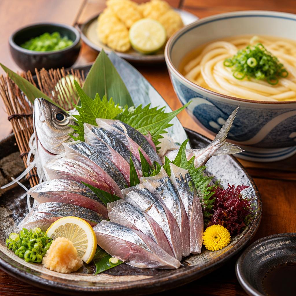 博多の味覚を贅沢に楽しむ！新鮮ないわしのお刺身と絶品うどんの絶妙なペアリング